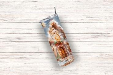Thermobecher mit festlichem Lebkuchenhaus-Design, winterliche Details auf hellem Holzuntergrund – perfekter Begleiter für die Weihnachtszeit.